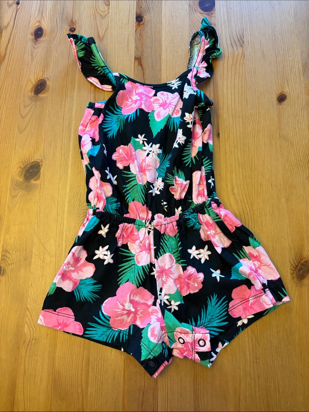 The Children's Place Black Floral Romper with Pink & Green Tropical Print